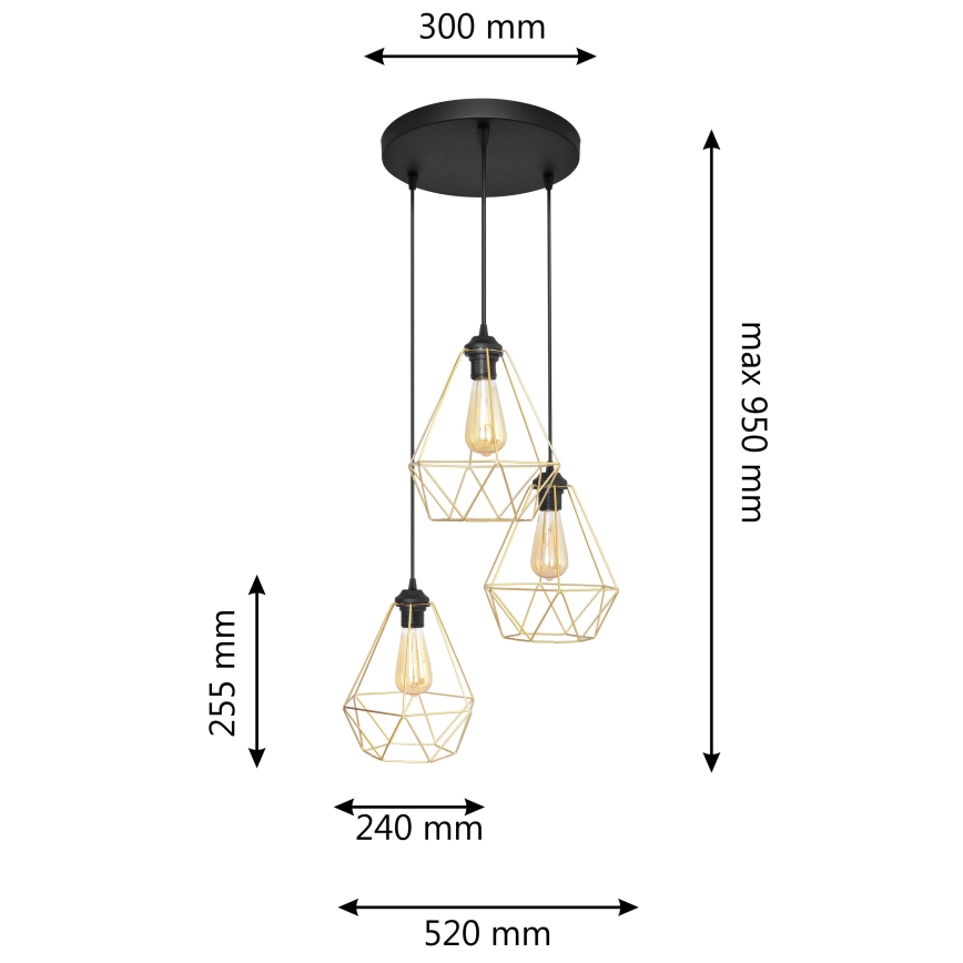 Luster na sajli KARO 3xE27/15W/230V zlatna/crno