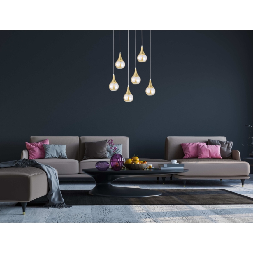 Luster na sajli LACRIMA HONEY 6xE27/60W/230V bela/zlatna/dimno bež