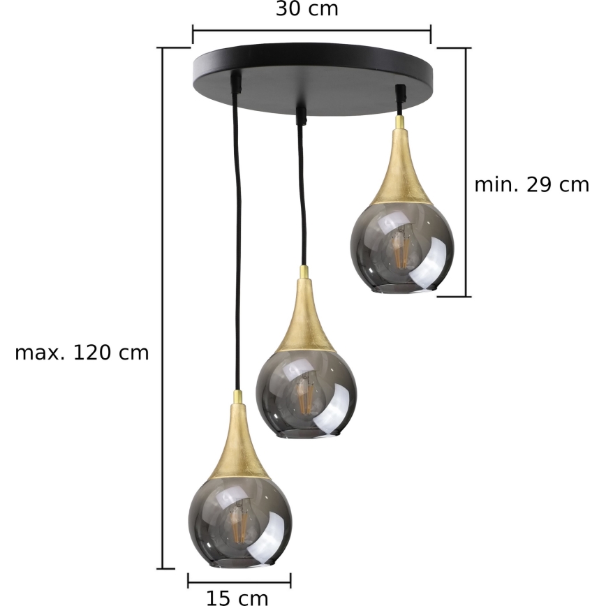 Luster na sajli LACRIMA SMOKY 3xE27/60W/230V pr. 30 cm