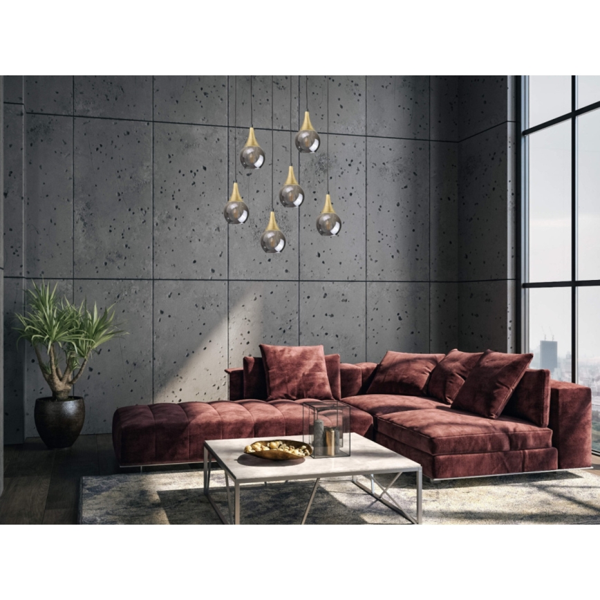 Luster na sajli LACRIMA SMOKY 6xE27/60W/230V crno/zlatna/dimno crno
