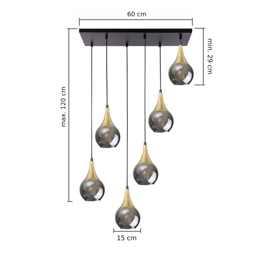Luster na sajli LACRIMA SMOKY 6xE27/60W/230V crno/zlatna/dimno crno