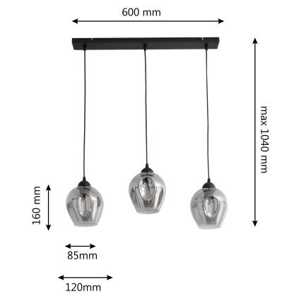 Luster na sajli LILI 3xE27/15W/230V crno/sivo