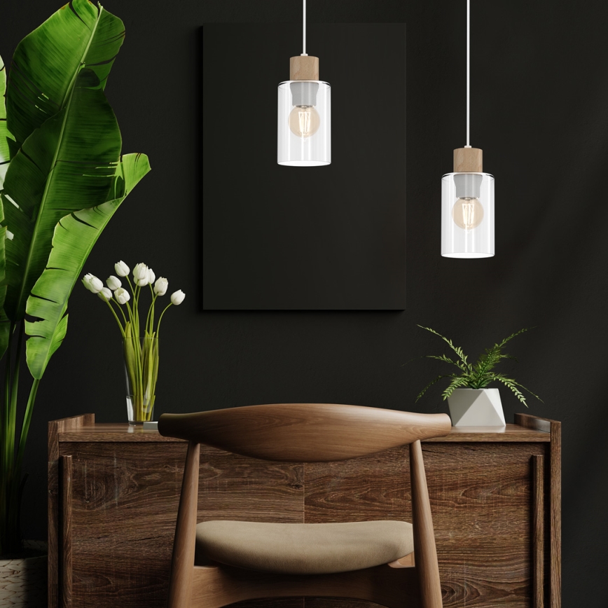 Luster na sajli MADERA 1xE27/60W/230V bela/drvo