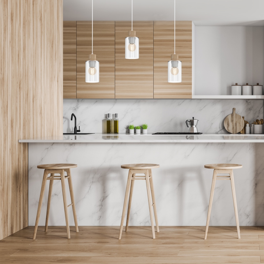 Luster na sajli MADERA 3xE27/60W/230V bela/drvo