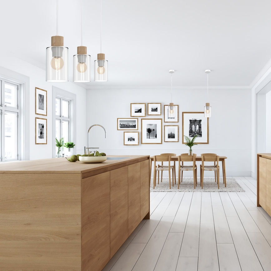 Luster na sajli MADERA 3xE27/60W/230V bela/drvo