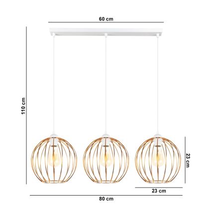 Luster na sajli MATT 3xE27/60W/230V bela/bakrena