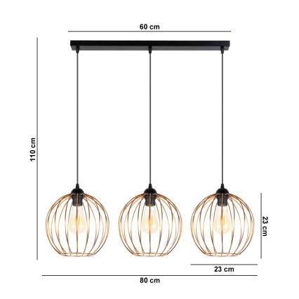 Luster na sajli MATT 3xE27/60W/230V crno/bakrena