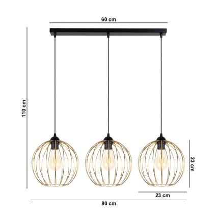Luster na sajli MATT 3xE27/60W/230V crno/zlatna
