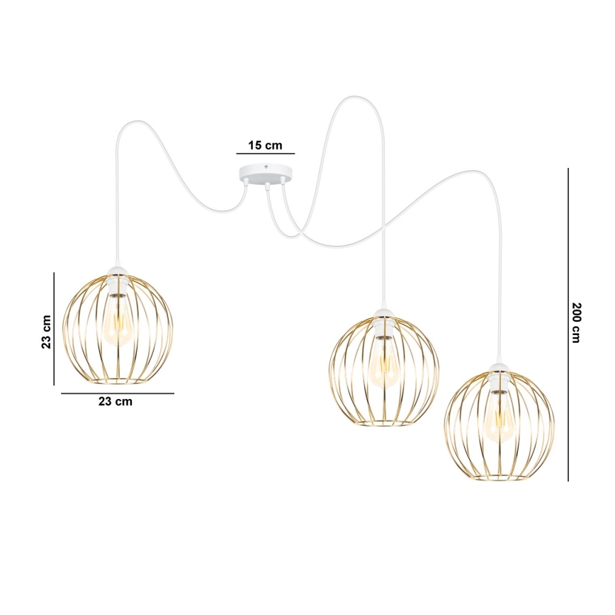 Luster na sajli MATT 3xE27/60W/230V pauk bela/zlatna