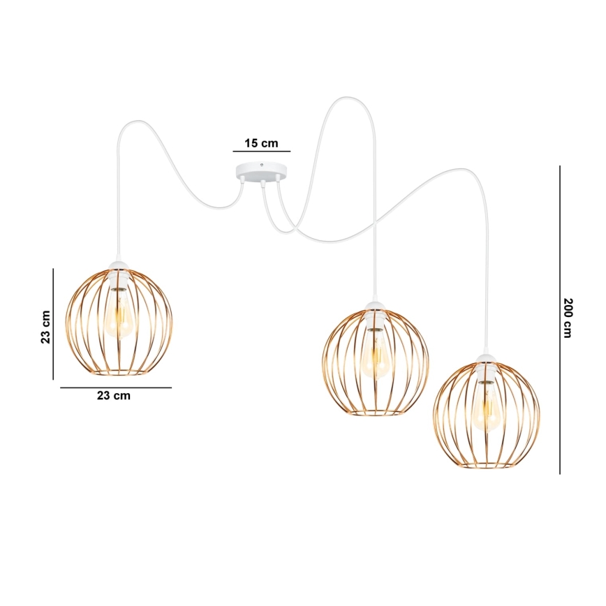 Luster na sajli MATT 3xE27/60W/230V pauk beli/bakreni