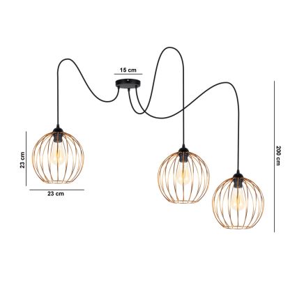 Luster na sajli MATT 3xE27/60W/230V pauk crno/bakrena