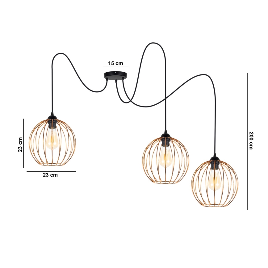 Luster na sajli MATT 3xE27/60W/230V pauk crno/bakrena