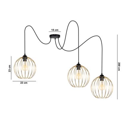 Luster na sajli MATT 3xE27/60W/230V pauk crno/zlatna