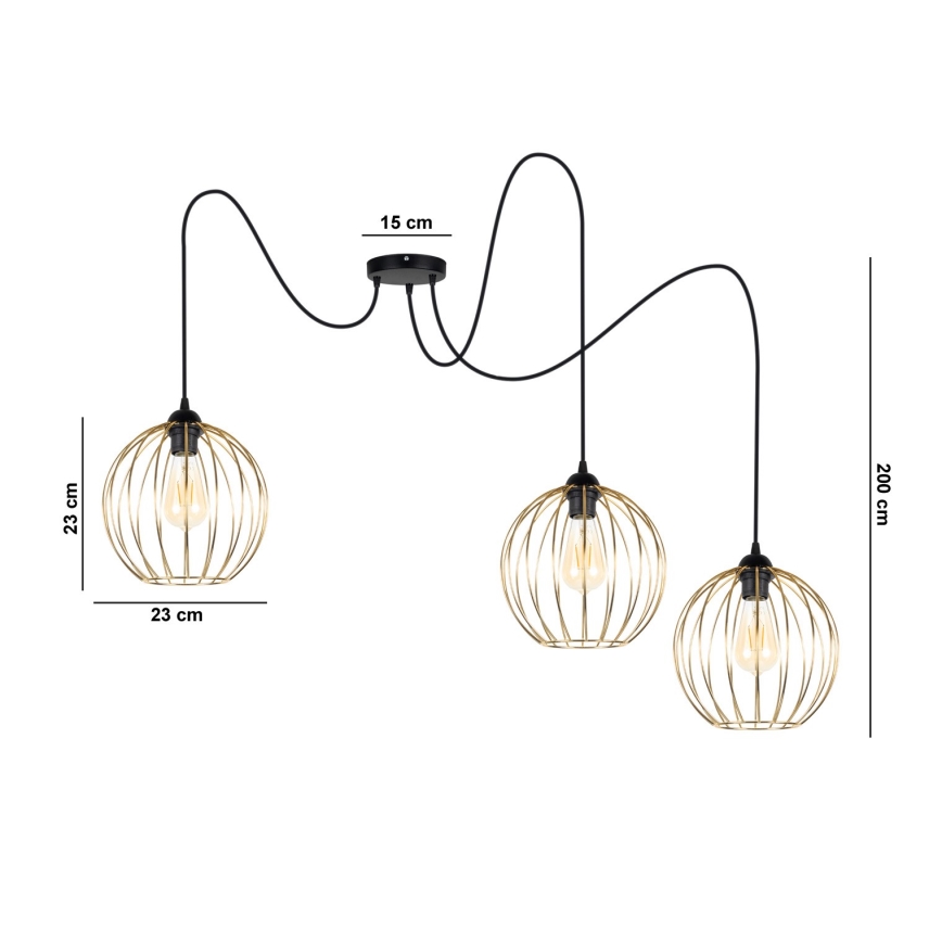 Luster na sajli MATT 3xE27/60W/230V pauk crno/zlatna