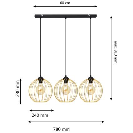 Luster na sajli MERCURE 3xE27/15W/230V zlatna/crno