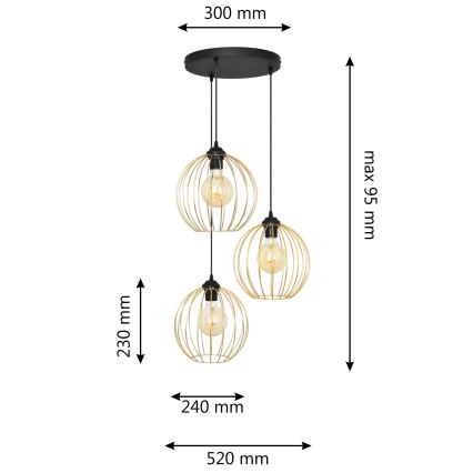 Luster na sajli MERCURE 3xE27/15W/230V zlatna/crno