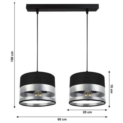 Luster na sajli MILO 2xE27/60W/230V srebrno/crno