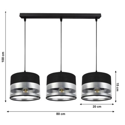 Luster na sajli MILO 3xE27/60W/230V srebrno/crno