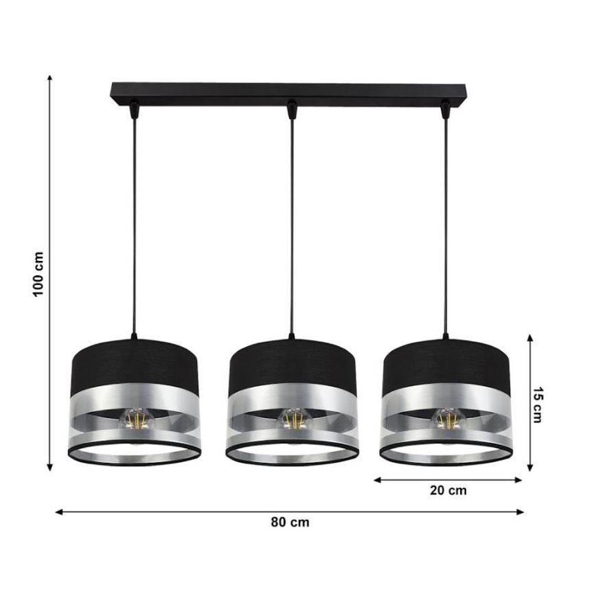 Luster na sajli MILO 3xE27/60W/230V srebrno/crno