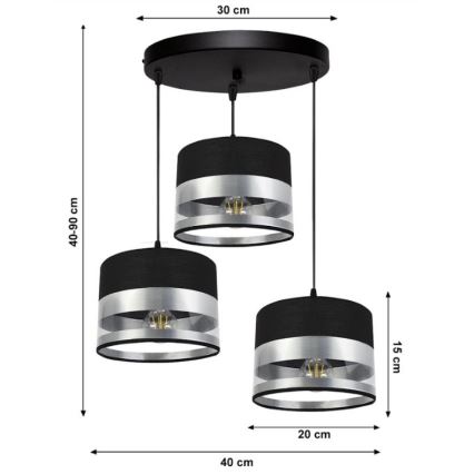 Luster na sajli MILO 3xE27/60W/230V srebrno/crno