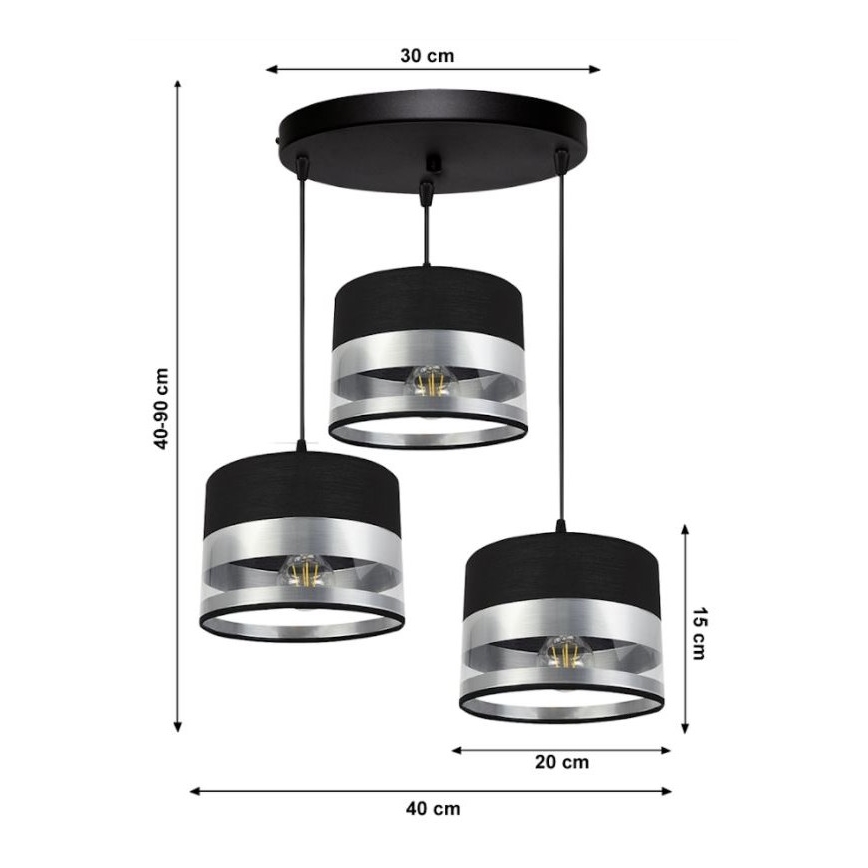 Luster na sajli MILO 3xE27/60W/230V srebrno/crno