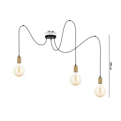 Luster na sajli MIROS 3xE27/60W/230V pauk crna/zlatna