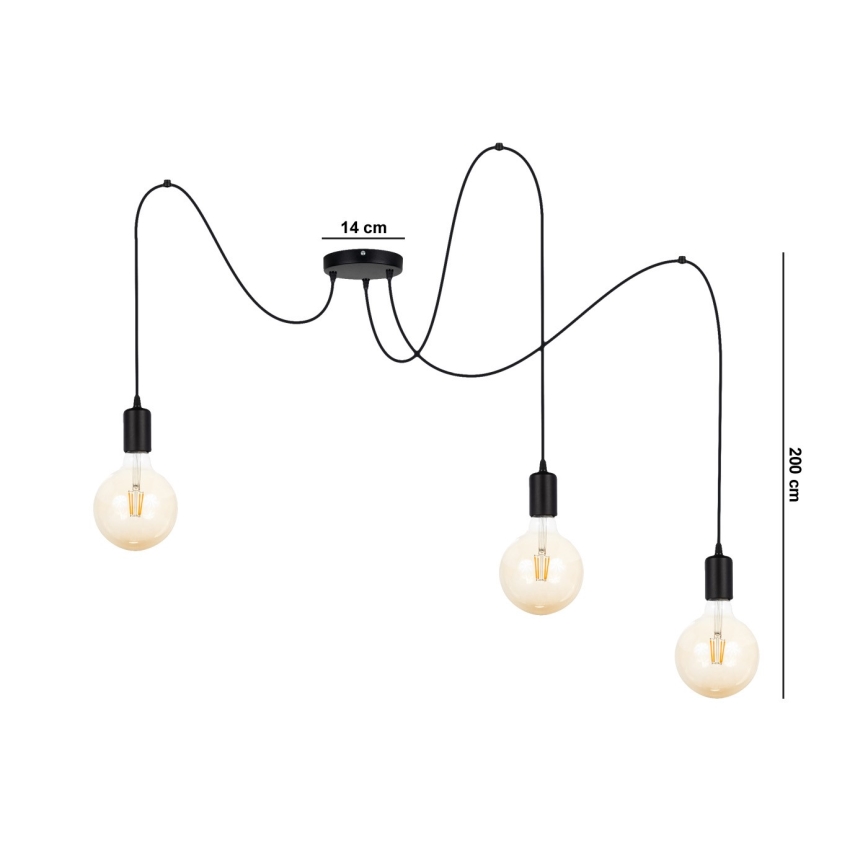 Luster na sajli MIROS 3xE27/60W/230V, pauk, crne boje