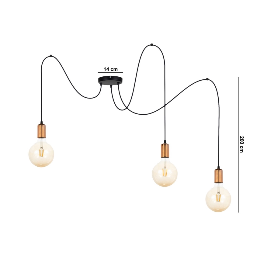 Luster na sajli MIROS 3xE27/60W/230V pauk crno/bakrena