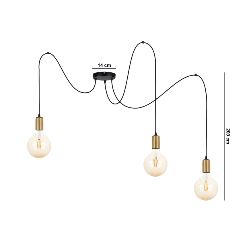 Luster na sajli MIROS 3xE27/60W/230V pauk crno/zlatna