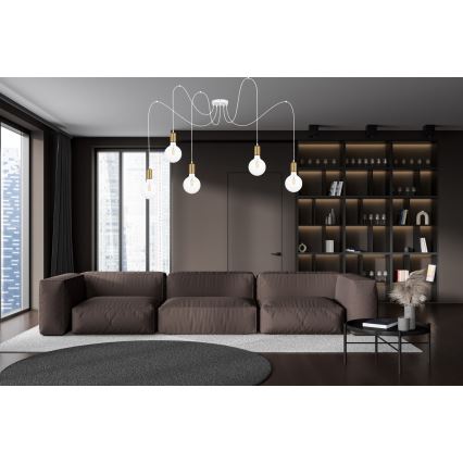 Luster na sajli MIROS 5xE27/60W/230V pauk bela/zlatna