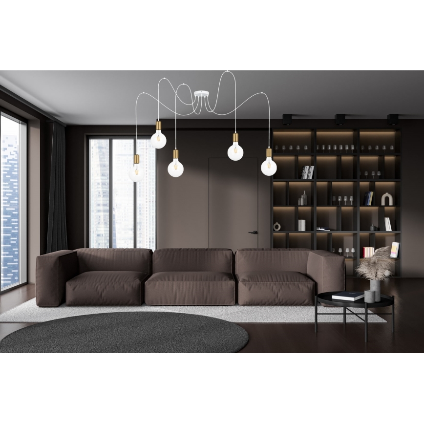 Luster na sajli MIROS 5xE27/60W/230V pauk bela/zlatna