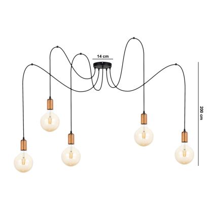 Luster na sajli MIROS 5xE27/60W/230V pauk crno/bakrena