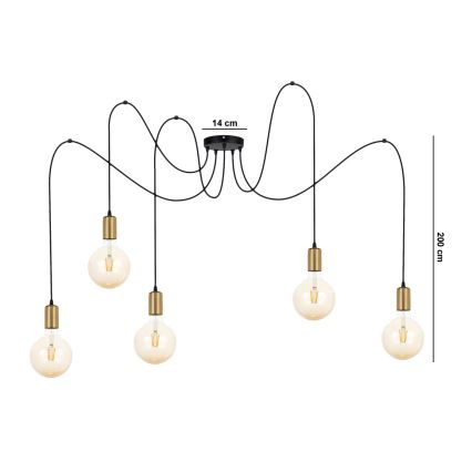 Luster na sajli MIROS 5xE27/60W/230V pauk crno/zlatna