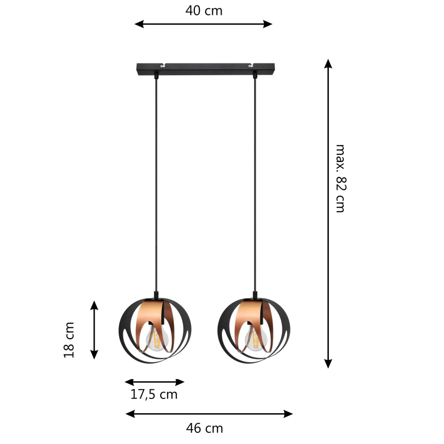Luster na sajli MOONLIGHT 2xE27/15W/230V crno/bakrena