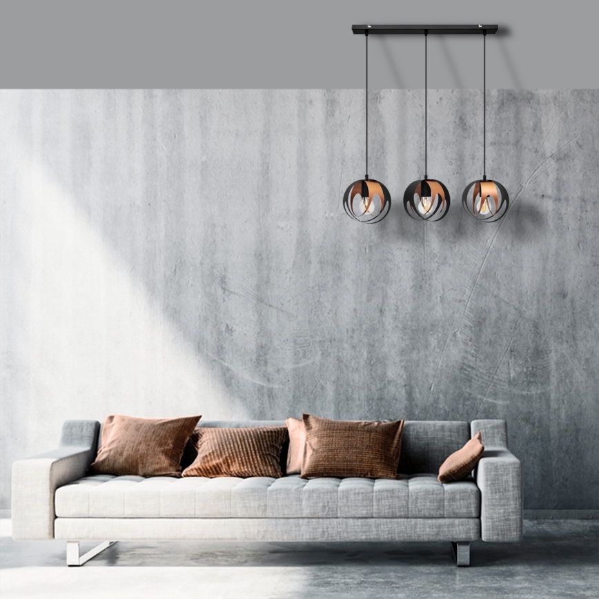 Luster na sajli MOONLIGHT 3xE27/15W/230V crno/bakrena