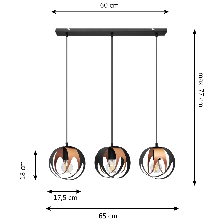 Luster na sajli MOONLIGHT 3xE27/15W/230V crno/bakrena
