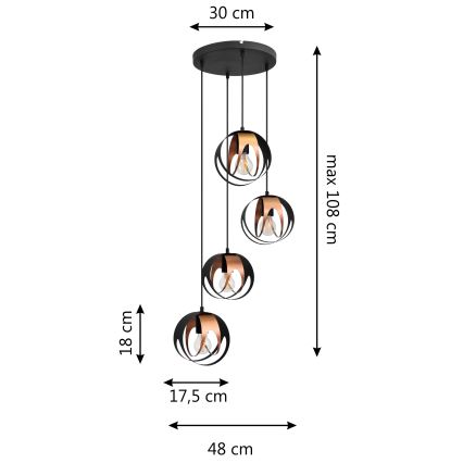 Luster na sajli MOONLIGHT 4xE27/15W/230V crno/bakrena