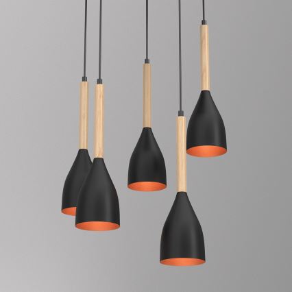 Luster na sajli MUZA 5xE27/15W/230V crno/bež/bakrena/bukva