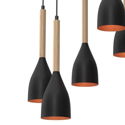 Luster na sajli MUZA 5xE27/15W/230V crno/bež/bakrena/bukva