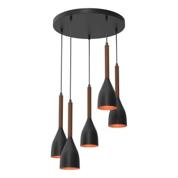 Luster na sajli MUZA 5xE27/15W/230V crno/braon/bakrena/bukva