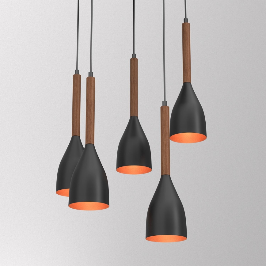 Luster na sajli MUZA 5xE27/15W/230V crno/braon/bakrena/bukva