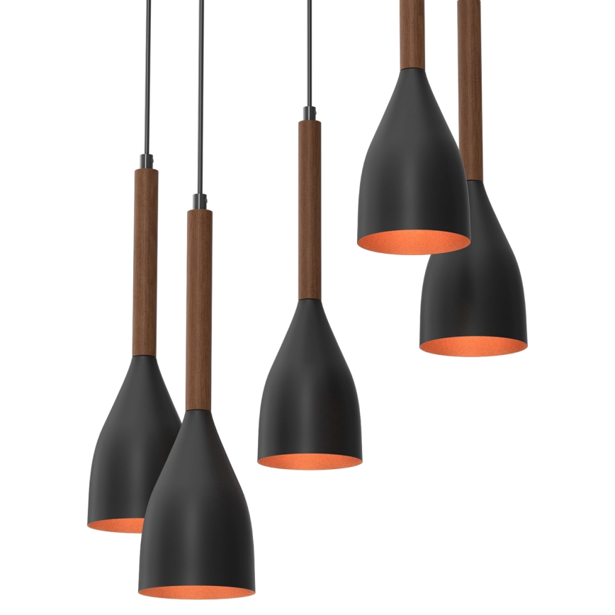 Luster na sajli MUZA 5xE27/15W/230V crno/braon/bakrena/bukva