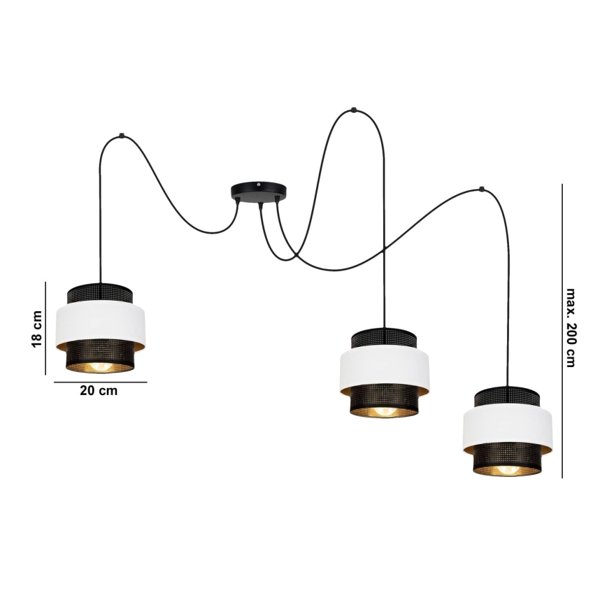 Luster na sajli NESS 3xE27/60W/230V pauk crno/bela