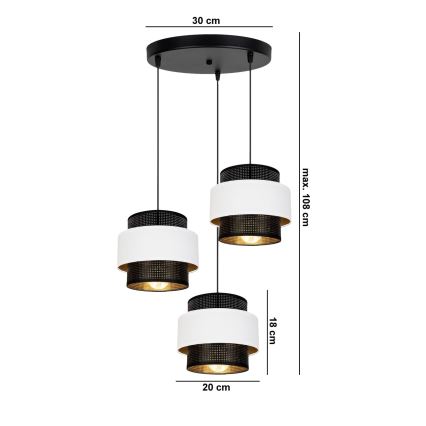 Luster na sajli NESS 3xE27/60W/230V pr. 45 cm crno/bela