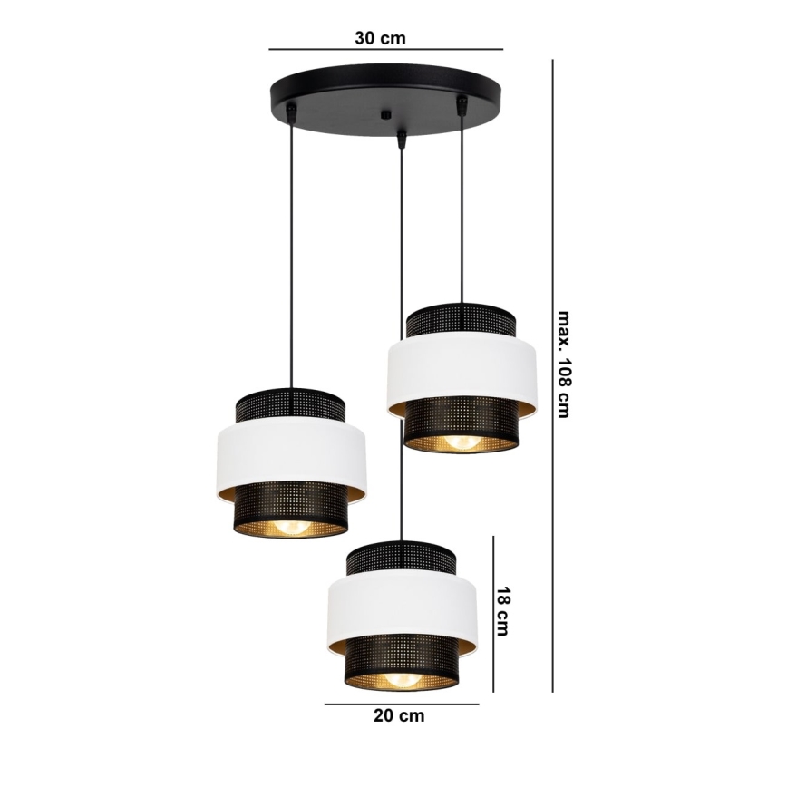 Luster na sajli NESS 3xE27/60W/230V pr. 45 cm crno/bela