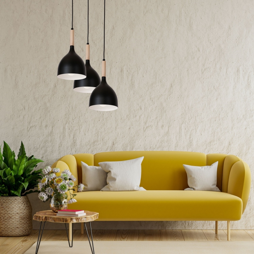 Luster na sajli NOAK WOOD 3xE27/15W/230V crno/bukva
