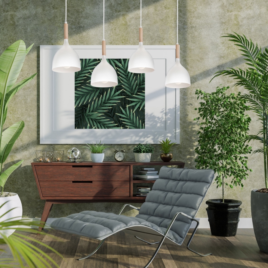 Luster na sajli NOAK WOOD 4xE27/15W/230V bela/bukva