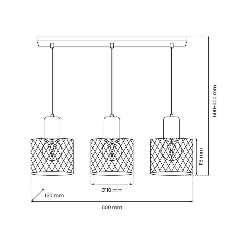 Luster na sajli SOBRESA 3xE27/60W/230V crno/drvo