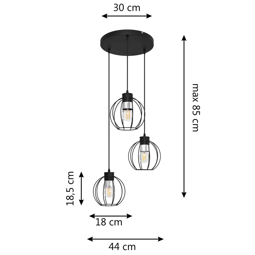 Luster na sajli STARLIGHT 3xE27/15W/230V crno/srebrno