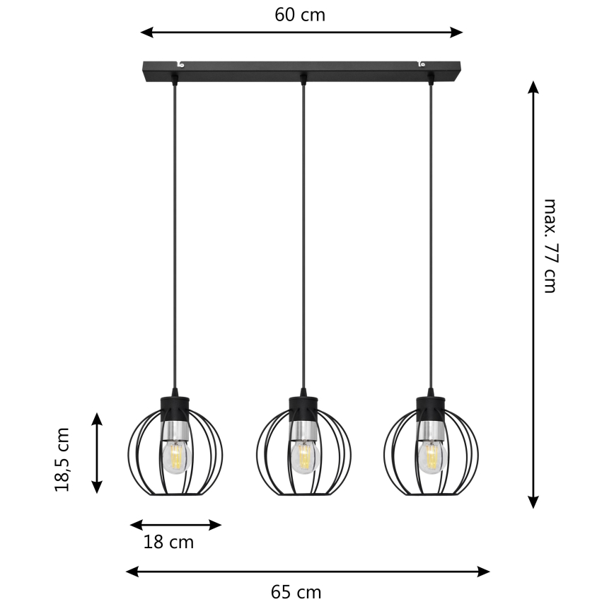 Luster na sajli STARLIGHT 3xE27/15W/230V crno/srebrno